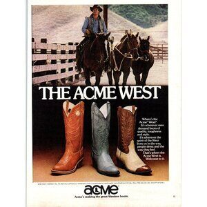 1981 Acme Boot Company Cowboy Western Boots Vintage Print Ad Horse Corral Art
